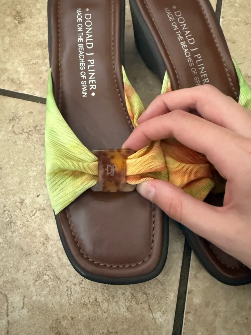 Donald J. Pliner Brown Slip-On Wedge Sandals with Green and Orange Tie-Dye - 8 - Picture 3 of 4
